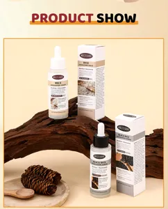 Detail view of facial rice exfoliation serum bottle and packaging box with natural ingredients.