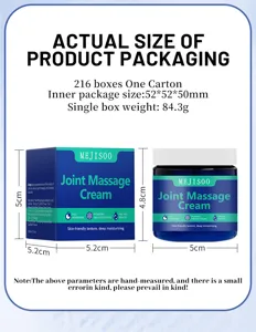 Detailed packaging size and dimension diagram of MEJISOO joint massage cream container box.