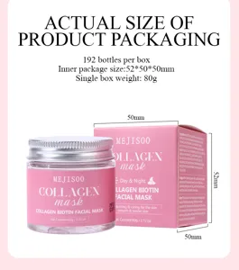 Detailansicht der Kollagen Biotin Gesichtsmaske Verpackung mit Behälter und Schachtel.