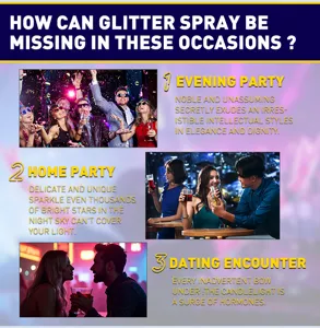 Ideale spray glitter per applicazione in feste, serate speciali e romantici incontri.