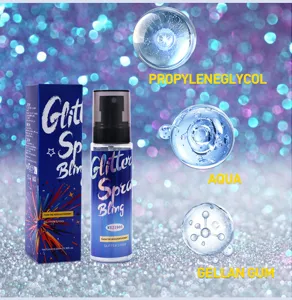Vista dettagliata dello spray glitterato MEJISOO con flacone, scatola e ingredienti.