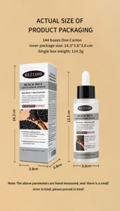Detailed view of MEJISOO black rice exfoliation serum bottle and outer box with dimensions.