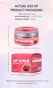Strawberry lip scrub jar and box packaging detail view displaying product dimensions.