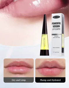 Detail view of hydrating lip plumper oil showing glossy texture and crystal clear packaging.