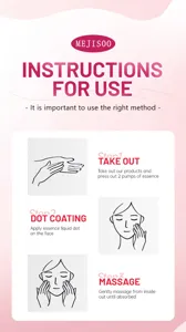 Step-by-step usage guide and instructions illustration for facial essence application.