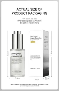 Gedetailleerd overzicht van afmetingen en verpakking van het Deep Collagen serumflesje.