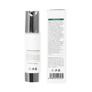 Detailed view of microneedling facial serum bottle and box, showing ingredients and 50ml capacity.