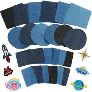 DIY denim patches set with square and oval fabric pieces and cute space embroidered appliques.