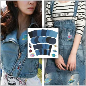Detailed view of denim patch set, assorted shapes and space embroidered stickers for repair.