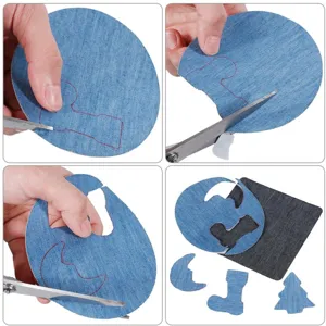 Close-up detail of denim self-adhesive patch, showing the cutting process and various DIY shapes.