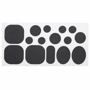 Dark grey self-adhesive repair patch details, showing various shapes for jacket hole fixing.