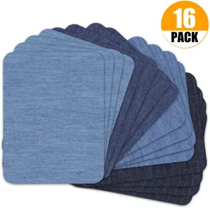 Detailed view of assorted blue denim fabric patches set for DIY clothing repair and crafts.