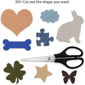 DIY denim fabric patches set with various shapes and scissors for clothes repair and craft.