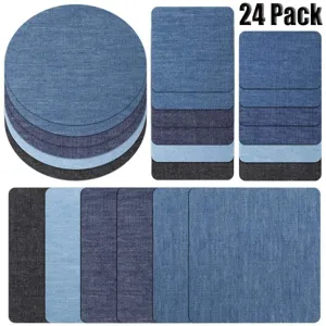 24 Pack Denim Patches Round Rectangle Jeans Repair Patches DIY Iron On Fabric Cloth