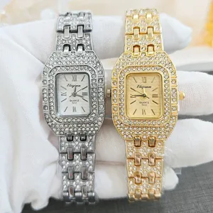 Luxury square rhinestone women quartz watch, sparkling crystal diamond wrist watch silver gold.