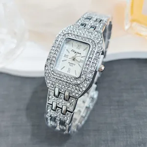Elegant women's quartz watch featuring a square rhinestone-encrusted dial and silver band.