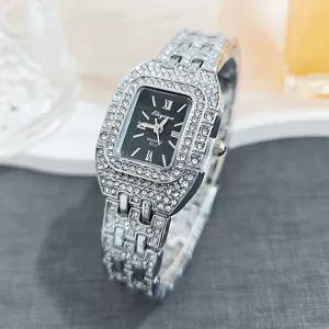 Luxurious rhinestone square women quartz watch with full diamonds and sleek black dial.