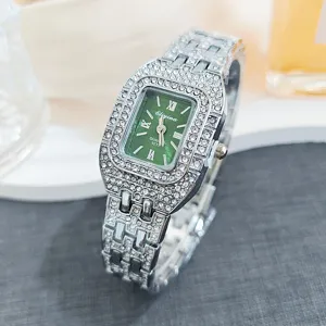 Luxury square rhinestone women quartz watch with stunning green dial and full diamond strap