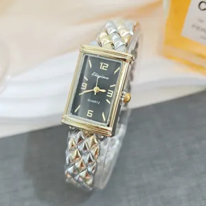 Luxus rechteckige Quarzuhr für Damen, stilvolles zweifarbiges geflochtenes Armband.