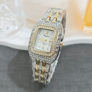Detailed view of luxury square rhinestone women quartz watch, sparkling full diamond design.