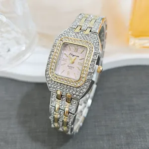 Luxury rhinestone square women quartz watch with sparkling diamonds and elegant pink dial.