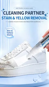 Detail view of the shoe whitening pen showing effective stain and yellow removal on sneakers.
