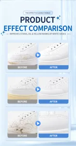 Close-up detail view showing before and after cleaning effect on white sneakers to remove yellowing.