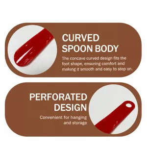 Red plastic shoehorn with curved spoon body and hanging hole, portable daily shoe helper.