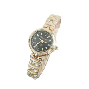 Women quartz watch elegant gold metal strap black roman numeral dial fashion wristwatch