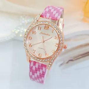 Elegante Damen Quarzuhr mit Strass und rosa Lederarmband, modischer Luxus-Zeitmesser.