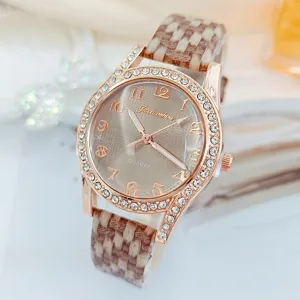 Luxus Strass Damen Quarzuhr mit elegantem Lederarmband, modische Alltag Armbanduhr.