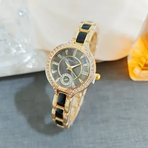 Elegante orologio da donna con strass al quarzo analogico con maglie nere e quadrante grigio