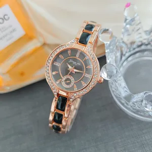 Elegante orologio da donna in oro rosa con strass e maglie nere, chic orologio al quarzo.