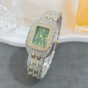 Luxury women's quartz watch with green rectangular dial and dazzling rhinestones.
