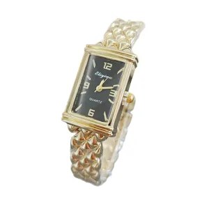 Elegante rechteckige Damen Quarzarmbanduhr mit schwarzem Zifferblatt und goldenem Armband chic.