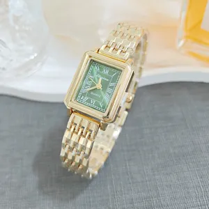 Retro square women quartz watch green dial gold metal bracelet fashion elegant wrist watch