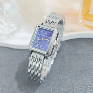 Exquisite women's rectangular quartz watch with a stylish blue dial and Roman numerals.