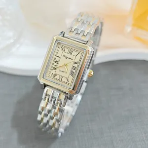 Women rectangular quartz watch elegant two tone metal bracelet roman numeral dial luxury style