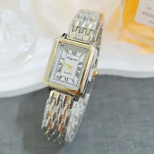 Elegant vintage square women quartz watch with Roman numerals and metal strap detail.
