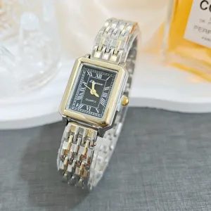 Elegant vintage rectangular quartz watch for women with black Roman numerals and two-tone metal strap.