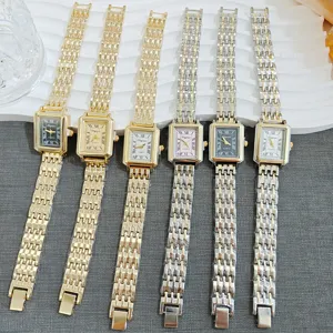 Elegant square quartz watch for women with vintage Roman numerals and metal link strap.