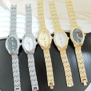 Elegante Damen Quarzuhr mit Strass-Lünette und Stahlarmband, verschiedene Farbvarianten.