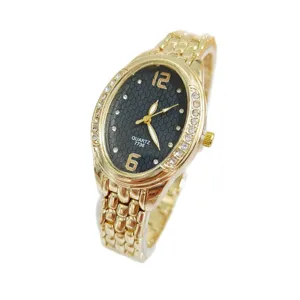 Damenmode elegante Quarz Uhr ovale Strass Zifferblatt goldene Edelstahl Armbanduhr chic