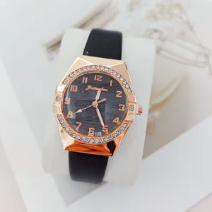 Elegant women's quartz wristwatch with rhinestone bezel, black leather strap and dial.