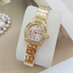 Montre quartz femme dorée avec strass cadran rose et bracelet en acier inoxydable