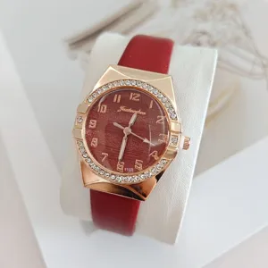 Women fashion rhinestone quartz watch with red leather strap elegant rose gold wristwatch