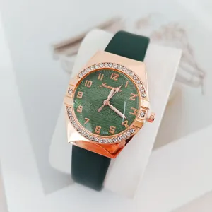 Elegant women quartz watch with green dial rose gold case and sparkling rhinestone bezel chic