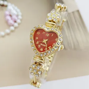 Gold Herz Strass Damen Quarzuhr Mode Blumen Armband Armbanduhr im Detail Design