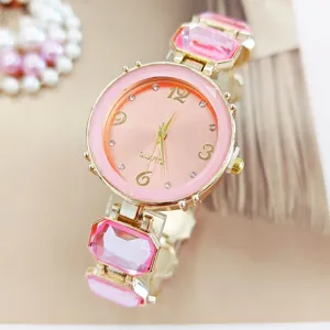 Modische Damen Quarzuhr rosa Zifferblatt Goldgehäuse Kristallarmband Damenuhr