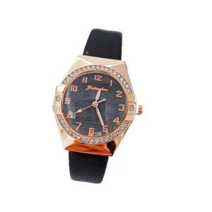 Detailed view of the women's rhinestone quartz watch with rose gold case and black strap.